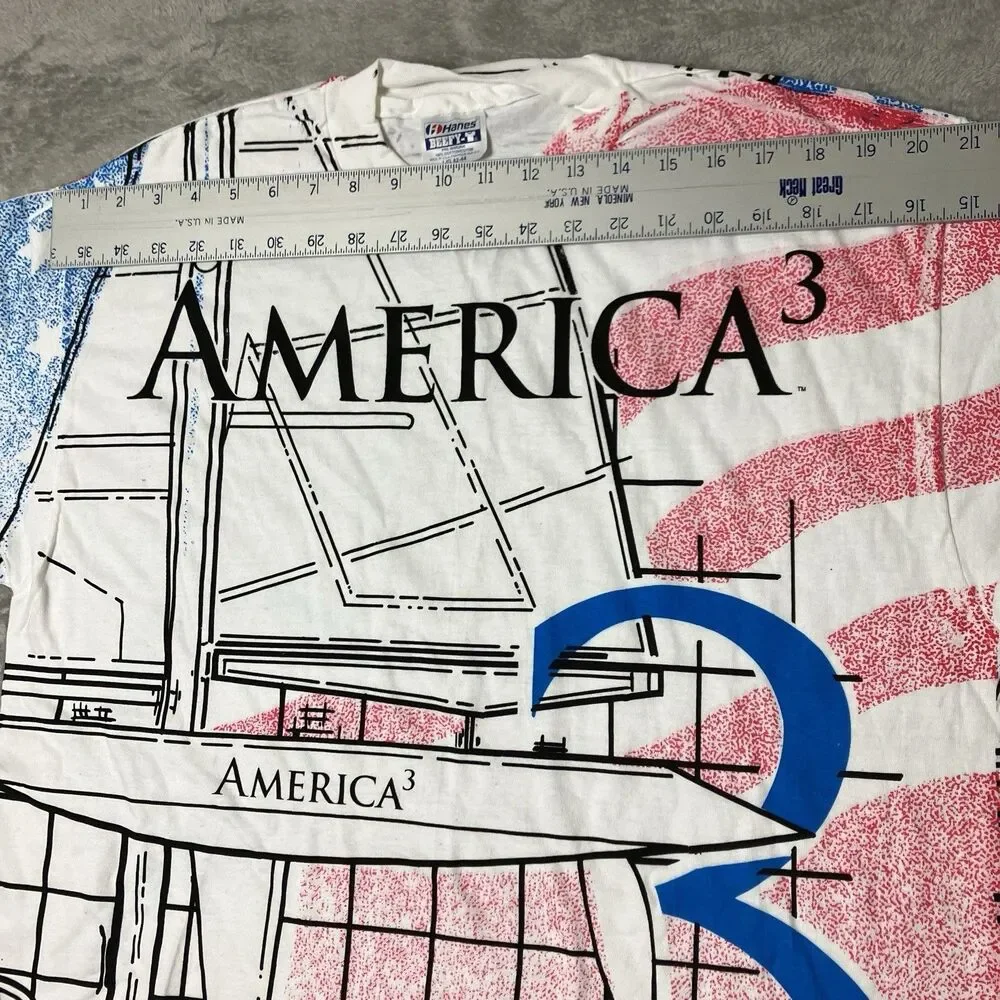 Vintage America’s Cup 1992 T Shirt Mens L White‎ Hanes USA Flag AOP Sailing Tee - Picture 7 of 11